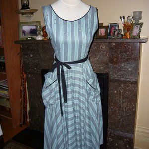Vintage 1940s Stripe blue and black dress - crystals on top and large pockets